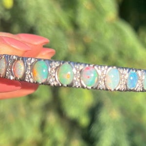 Intensely Beautiful Opal and Diamond Hinged Bangle Bracelet 14k Vintage