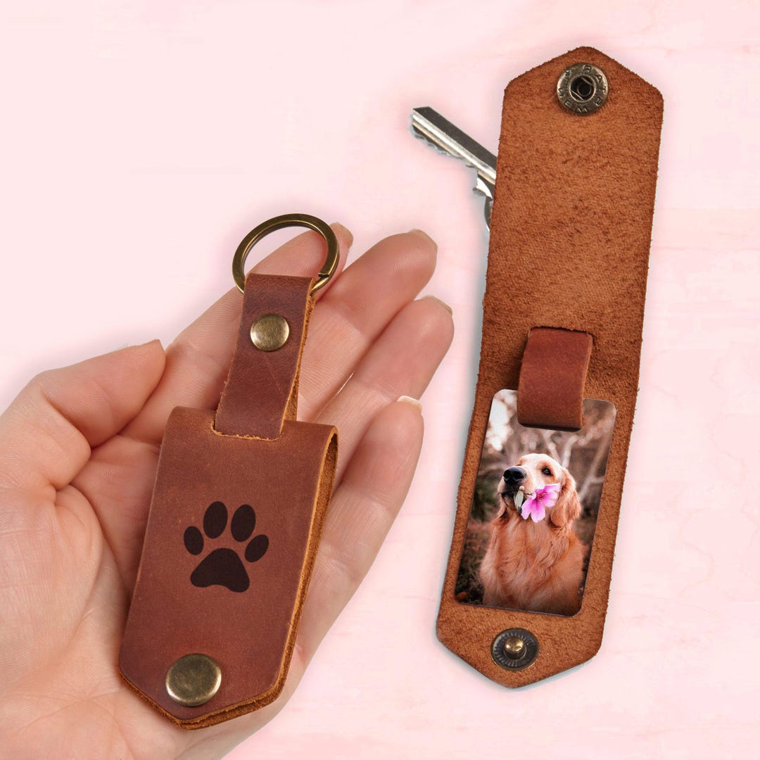 Engraved Pet Leather Keychain With Custom Dog Photo Inside, Gift for