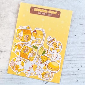 Banana Cow Sticker Flakes, Banana Milk Stickers, Yellow Kawaii Sticker Pack, Planner Stickers, Novelty Gift