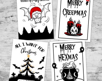 May include: Four Halloween-themed greeting cards with black and white illustrations. One card says "Have Yourself a Batty Little Christmas" with a bat-owl wearing a Santa hat. Other cards say "Merry Creepmas", "All I Want for Christmas is Another Halloween", and "Merry Hexmas".
