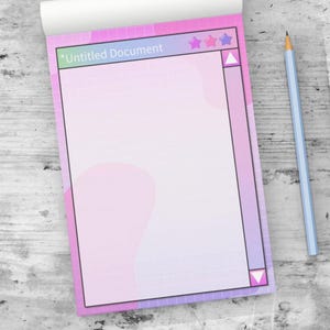 May include: A notepad with a gradient pink and purple border and a grid pattern on the pages. The text "Untitled Document" is at the top. A light blue pencil rests on the wooden surface next to the notepad.