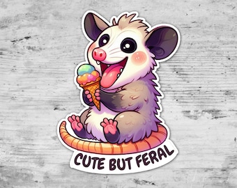 Cute But Feral Sticker, Cute Opossum Sticker, Feral Girl Sticker, Die Cut Sticker, Laptop Sticker, Gift for her, Funny Sticker, Adult Humor