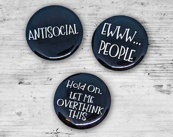 Antisocial Pin Pack, 3pk Button Pin Badge, Anxiety Button Pin,  Emo Button Pinback