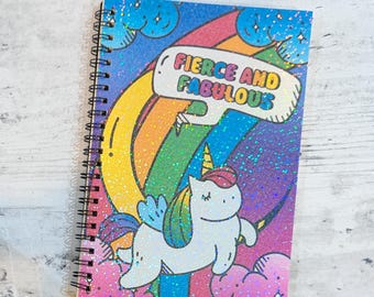 Fierce And Fabulous LGBTQ+ Notebook, Pride Journal, Cute Holographic Notebook, A5 Half Sheet Handmade Notebook