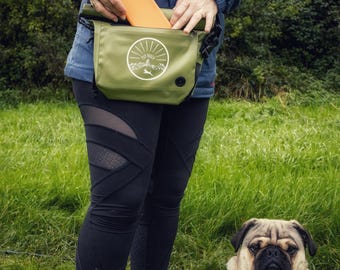 Smell Proof Dog Poop Carrier: Hands-Free Walking Bag with phone storage.