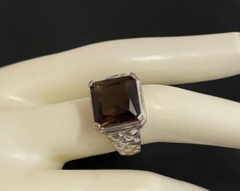 Bague Vintage Cocktail En Argent 925 - Pierre Topaze Fumée - Taille 8 - Style Britannique