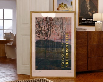 May include: A framed poster advertising a retrospective exhibition of Egon Schiele's artwork. The poster features a painting of a tree with a pink sky in the background. The text on the poster reads "Egon Schiele: A Retrospective" and includes the dates "26 January 1991" and "4 April 1991".
