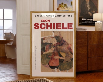 May include: A framed poster advertising an Egon Schiele exhibition at Galerie Arnot in January 1959. The poster features a painting of a group of people in a cubist style, with the text "Egon Schiele" in red letters.