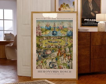 May include: A framed poster of Hieronymus Bosch's The Garden of Earthly Delights, a detailed painting of a fantastical landscape with many figures and creatures. The poster is titled "Masters of the Renaissance" and features the artist's name, Hieronymus Bosch, and the title of the painting, "The Garden of Earthly Delights, Detail".