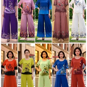 May include: A collection of ten two-piece outfits consisting of short-sleeved round-neck tops and wide-leg trousers. Each set features distinct floral or botanical prints in various colors including purple, pink, blue, white, orange, and green.