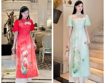 Áo Dài Cách Tân Women Ao Dai / Áo Dài Vải Tơ Mềm Mại Đính Kết Thời Trang / Vietnamese Ao Dai