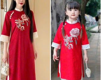 Áo Dài Cách Tân N11 Set Áo Dài Mẹ và Bé / Women Ao Dai / Girl Ao Dai / Hoạ Tiết Thêu Sắc Nét Trên Nền Vải Linen / LuNa Ao Dai