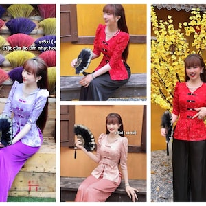 May include: A collage of images showcasing women's traditional Vietnamese áo dài outfits. The áo dài tops are in various colors, including red, pink, and purple, with intricate lace and button details. The outfits are paired with matching or contrasting pants.