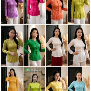 May include: A collection of long-sleeved blouses in various colors, including purple, pink, orange, and green. Each blouse features a button-up front and is paired with white or red pants. The blouses have a textured, possibly lace-like, appearance.