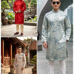 May include: A collection of three long-sleeved tunics with mandarin collars. One is bright red with a subtle pattern, one is light blue with a blue landscape print, and one is beige with a blue and white dragon embroidery, all paired with trousers.