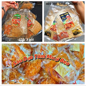 May include: A close-up of a pile of small, clear plastic bags filled with orange, crispy, deep-fried shrimp chips. The bags are labeled "Sâu Dẻo Tôm Muối Béo" in Vietnamese.