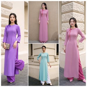 May include: A collection of long-sleeved tunics with side slits and matching wide-leg trousers. The garments feature a high neckline with a side button closure and a thin tie detail. Available in solid purple, mauve, and light blue color variations.