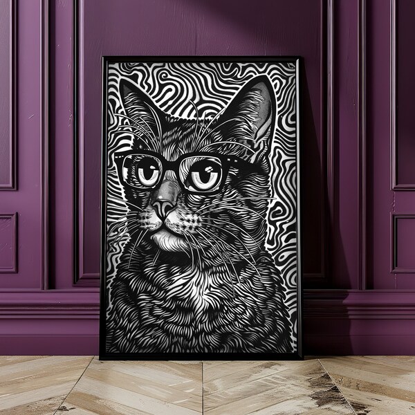 Cat with glasses poster black and white funny animal digital art high quality matte paper