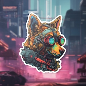 May include: A digital illustration of a stylized fox wearing goggles and a futuristic harness. The fox is depicted in a vibrant color palette with orange, yellow, red, and blue hues. The background is a blurry cityscape with neon lights.