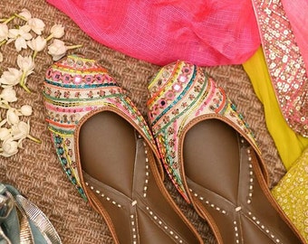 Multi colored mirror on ivory Jacquard base jutti | handmade genuine leather punjabi jutti/khussa/mojari/flats/bridal shoes
