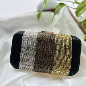 Handmade Beaded Clutch Purse with gold, copper, silver and black cut beads| Elegant Evening Bag - Perfect Gift for her