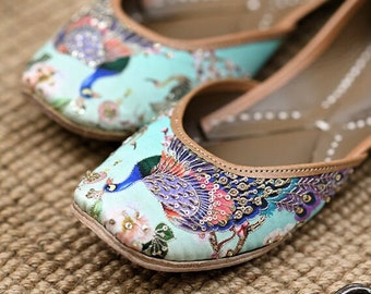 Rajasthani peacock print contemporary juttis | handmade genuine leather punjabi jutti/khussa/mojari/flats/bridal shoes