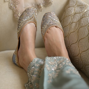 Silver/Gray juttis with shimmering glass beads and sequins- handmade genuine leather punjabi jutti/khussa/mojari/flats/bridal shoes