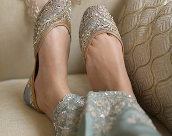 Silver/Gray juttis with shimmering glass beads and sequins- handmade genuine leather punjabi jutti/khussa/mojari/flats/bridal shoes