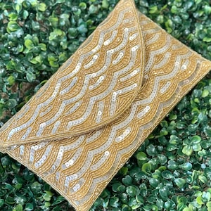 Gold Sequin and Bead Embellished Clutch | Handmade Evening Wristlet | Envelope Evening Bag | Bridal Clutch | Shoulder Bag | Crossbody