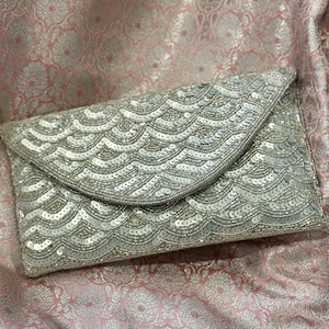 Silver Sequin and Bead Embellished Clutch | Handmade Evening Wristlet | Envelope Evening Bag | Bridal Clutch | Shoulder Bag | Crossbody