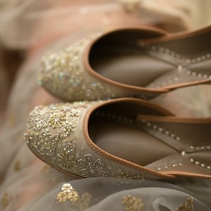 Taupe Grey Silk Canvas base juttis - handmade genuine leather punjabi jutti/khussa/mojari/flats/bridal shoes