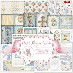 31 pagina's heilig hart Mary Junk Journal Kit pdf, Maagd Maria-collage efemere verschijnselen, Moeder Maria, heilige kunst blauw goud, afdrukbare katholieke christen
