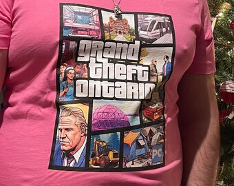 Grand Theft Ontario Unisex Jersey Short Sleeve Tee, Metrostinx, Science Centre, Nurses, Homelessness, Greenbelt, Ontario Place, Doug Ford