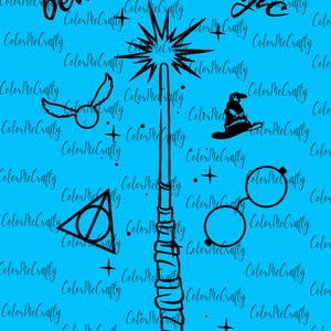 May include: Black and white illustration of a magic wand with stars, a Hogwarts house symbol, a pair of round glasses, a hat, and a bird. The text "believe in magic" is written above the wand.