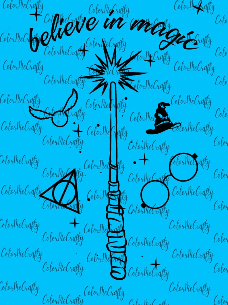 May include: Black and white illustration of a magic wand with stars, a Hogwarts house symbol, a pair of round glasses, a hat, and a bird. The text "believe in magic" is written above the wand.