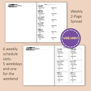 May include: A two-page weekly planner with a light beige background. The left page has the words "Brain Dump" and "Week of:" at the top. The right page has daily task lists for each day of the week. The planner is unlined.