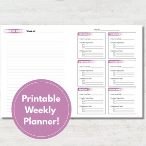 Printable weekly planner and daily task manager, featuring the 333 method for daily task management and brain dump to free mental space.