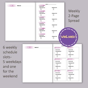 May include: A two-page weekly planner with a purple and white color scheme. The planner has sections for "Brain Dump", "Monday", "Tuesday", "Wednesday", "Thursday", "Friday", and "Weekend". Each section has space for listing tasks, including "1 Hour Focus Tasks", "Smaller Urgent Tasks", and "Maintenance Tasks". The planner also includes the text "Weekly 2-Page Spread" and "UNLINED!"
