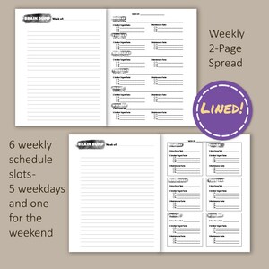May include: A black and white printable planner page with the text "BRAIN DUMP" and "Week of" at the top. The page is divided into six sections for each day of the week, with space for writing down tasks and notes. The page is designed to help users organize their thoughts and schedule.