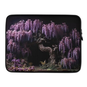 May include: Laptop sleeve featuring a digital art print of a wisteria tree in full bloom. The design showcases cascading purple flowers, a gnarled trunk, and a dark background. The sleeve has a black zipper closure.