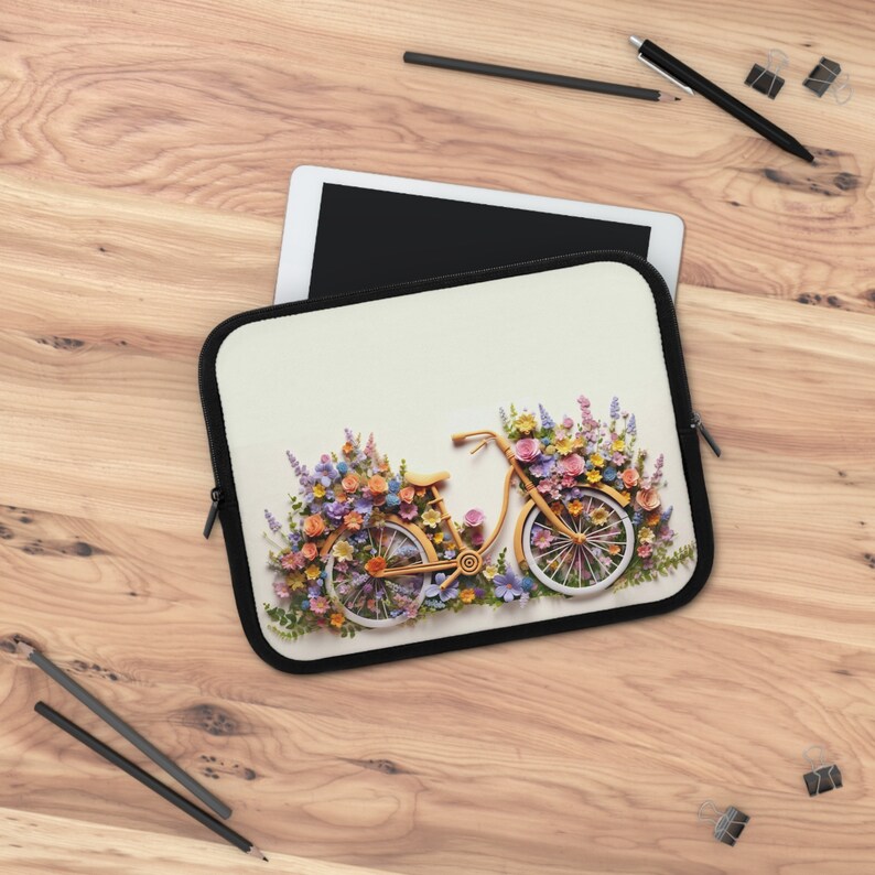 Laptop-Hülle Fahrrad und Blumen Wasserdichte Hülle Beständig gegen Wasser Öl Hitze Beste Schutzhülle Neopren Snug Fit Floral Design Notebook 10"