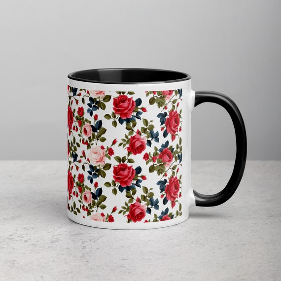 White Ceramic Mug color inside Large 11oz Cup Coffee Tea Glass Pattern Pastel Floral Nature Rose Garden Boho Mugs Roses Flowers Lovers Gift
