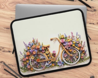 Laptop Sleeve Bike and Flowers Waterproof Case Resistant to Water Oil Heat Best Protection Cover Neoprene Snug Fit Floral Design Notebook