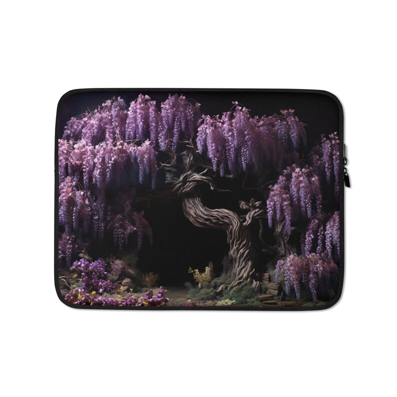 May include: Laptop sleeve featuring a detailed illustration of a wisteria tree with cascading purple flowers. The tree's gnarled trunk and branches are set against a dark background, creating a dramatic contrast. The sleeve has a black border and a zipper closure.