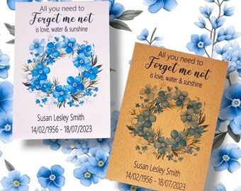 50 Personalised Forget Me Not Funeral Favor Gift Flowers Wreath Seed Packets Remembrance Guest Memorial Favors Envelopes Celebration Of Life