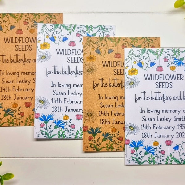 50 Personalised Wildflower Seed Packets Envelopes | Funeral Seed Favours | Memorial | Remembrance | Memories | Thank You | Butterflies Bees