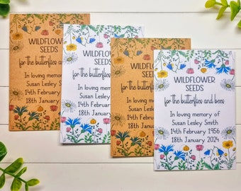 50 Personalised Wildflower Seed Packets Envelopes | Funeral Seed Favours | Memorial | Remembrance | Memories | Thank You | Butterflies Bees