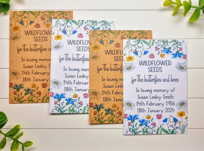 personalised funeral seed packets favours funeral memorial service wildflower seeds for the butterflies and bees