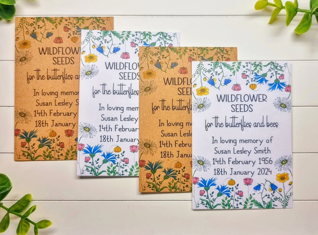 Funeral Seed Favours, 30 Personalised Seed Packets, Wildflower