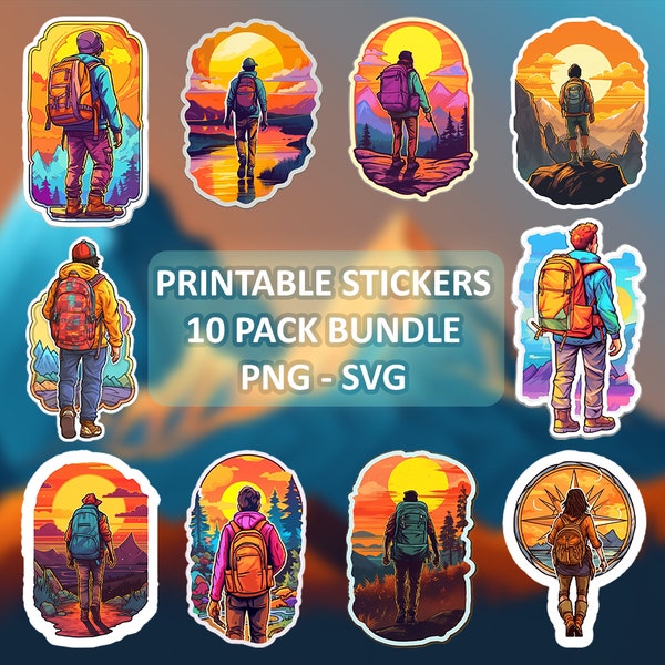 10 PACK COOL BACKPACKERS sticker, clipart, png, svg, instant download, backpacker, printable, mug, frame, tshirt, case, clipart set